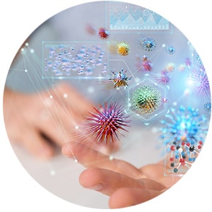 Grafische Darstellung von Allergenen mit Mikropartikeln und Diagrammen zur Erklärung von Allergien.